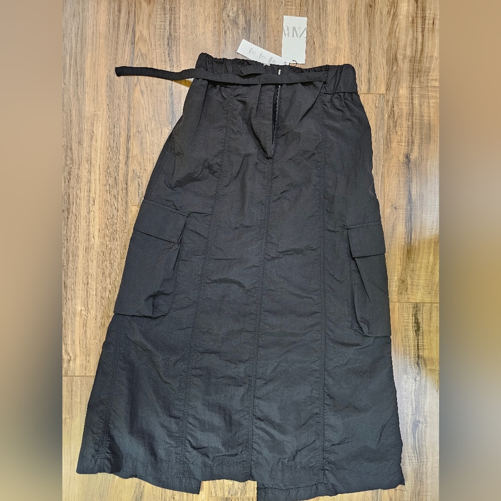 ZARA Nylon Black Long Cargo Skirt, size XS